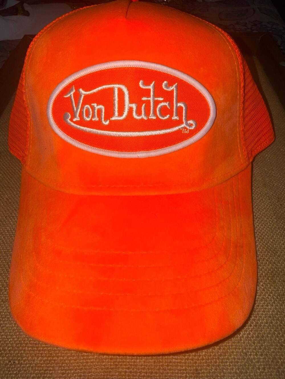 Von Dutch Neon Orange Velvet Trucker Hat